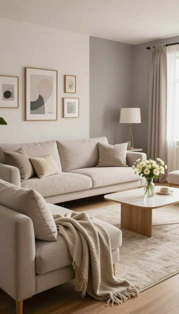 A stylish interior scene showcasing a living room divided in two halves, one painted in a soothing white and gray color palette, the other in contrasting hues. In the foreground, feature a modern sofa adorned with a cozy throw blanket and a few decorative pillows that complement the color scheme. In the middle, include a minimalist coffee table with a vase of fresh flowers. The background should depict well-arranged wall art and a lightly textured carpet. Utilize soft, warm lighting to create an inviting atmosphere, reminiscent of a Pinterest aesthetic. Capture the scene at a slightly elevated angle to emphasize the color palette's advantages and disadvantages, highlighting warmth and authenticity, depicting a harmonious living space, without any text or watermarks. Branding subtly integrated as "Wohnkiste" on decorative elements.