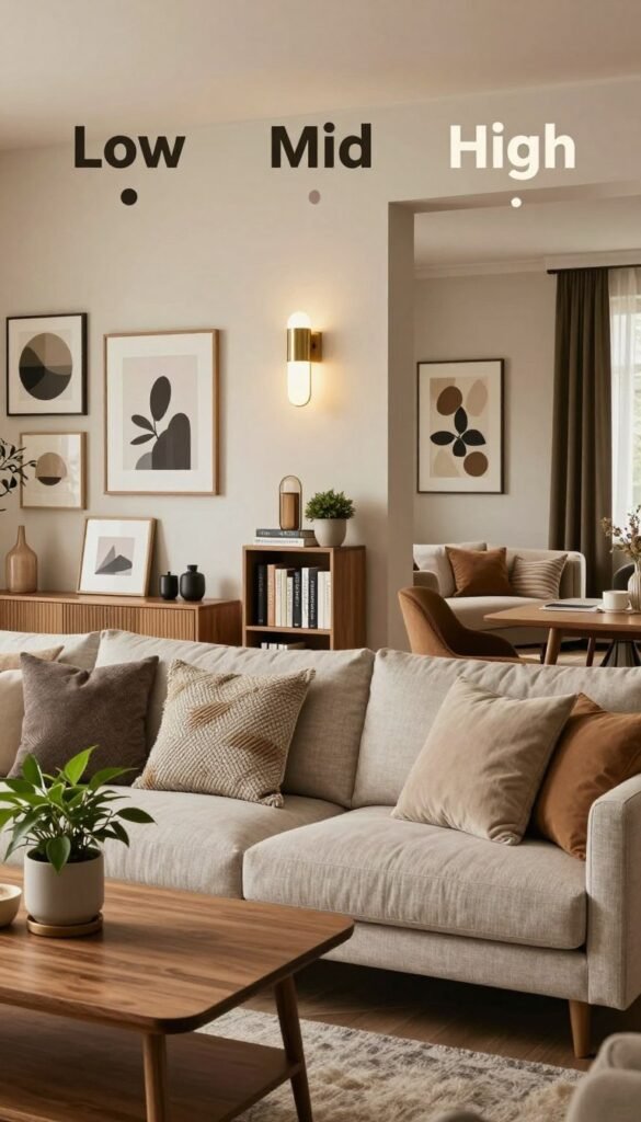 A stylish interior scene showcasing three distinct decor styles representing "Low", "Mid", and "High" price categories. In the foreground, a cozy living space with budget-friendly decor, featuring a simple wooden table with a potted plant and textured cushions on a sectional sofa. The middle ground features a chic, mid-range section with tasteful artwork on the walls, elegant lighting fixtures, and a small bookshelf filled with stylish books. In the background, an upscale area includes luxurious fabrics, high-end furniture, and sophisticated decor accents. Soft, warm lighting bathes the room, creating an inviting atmosphere reminiscent of a Pinterest aesthetic. Include the brand name "WohnKiste" subtly in the design, ensuring no text or logos are visible. The overall mood should be modern, authentic, and visually appealing, with a focus on the interplay of price and style in home decor.
