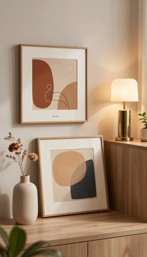 A stylish interior scene showcasing three distinct decorative elements arranged according to a budget theme: low, mid, and high. In the foreground, a minimalist low-budget piece, like a simple vase with dried flowers; in the middle ground, a mid-range decorative item, such as a contemporary wall art piece showcasing warm colors and natural materials; and in the background, an elegant high-end decor item, like a designer lamp that blends luxury with sophistication. Soft, warm lighting enhances the inviting atmosphere, with a cozy nook bathed in natural light. The setting features a wooden surface and green plants for authenticity, reflecting a Pinterest-worthy aesthetic. The brand name "WohnKiste" subtly incorporated into the design, without textual overlays.