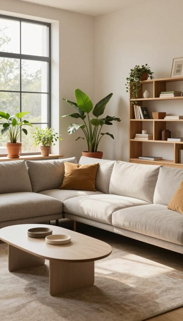 A stylish interior space showcasing flexible furniture solutions that optimize room usage. In the foreground, a multifaceted sofa that can be rearranged to create various seating arrangements, accompanied by a sleek, modular coffee table. In the middle, vibrant potted plants and minimalist shelving to emphasize the room's adaptability. The background displays large windows allowing natural light to illuminate the scene, casting soft shadows. The overall color palette includes warm, inviting tones, featuring wooden elements and textured fabrics that convey a cozy atmosphere. Capture the authentic design aesthetic of "WohnKiste," emphasizing a Pinterest-inspired look, and maintain a serene, professional vibe throughout the composition.