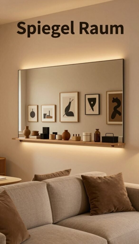 A stylish interior space styled with the concept of "Spiegel Raum" featuring a large, elegant wall mirror reflecting warm, ambient lighting. In the foreground, a cozy seating area with minimalist furniture, including a textured sofa adorned with plush cushions. The middle section showcases various framed artworks and a wall-mounted shelf holding neatly arranged decorative items and practical storage solutions, avoiding a cluttered look. The background offers a glimpse of soft, neutral-colored walls enhancing a spacious feel. Warm, inviting tones fill the scene, creating a harmonious atmosphere perfect for relaxation. Capture the essence of the brand "WohnKiste" and its focus on clever wall usage, ensuring a Pinterest-inspired aesthetic that is both authentic and visually pleasing. A stylish interior space styled with the concept of "Spiegel Raum" featuring a large, elegant wall mirror reflecting warm, ambient lighting. In the foreground, a cozy seating area with minimalist furniture, including a textured sofa adorned with plush cushions. The middle section showcases various framed artworks and a wall-mounted shelf holding neatly arranged decorative items and practical storage solutions, avoiding a cluttered look. The background offers a glimpse of soft, neutral-colored walls enhancing a spacious feel. Warm, inviting tones fill the scene, creating a harmonious atmosphere perfect for relaxation. Capture the essence of the brand "WohnKiste" and its focus on clever wall usage, ensuring a Pinterest-inspired aesthetic that is both authentic and visually pleasing.