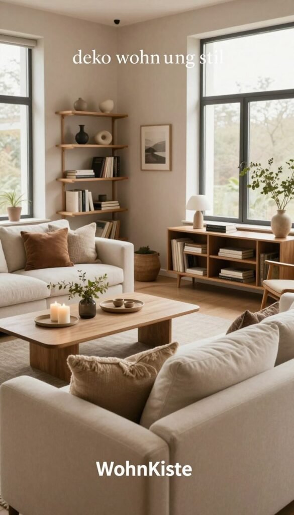 A stylish, inviting living space inspired by "deko wohnung stil" featuring a harmonious blend of natural materials and warm colors. In the foreground, a plush, cream-colored sofa with an array of textured throw pillows invites relaxation. The middle ground showcases a chic coffee table adorned with minimalist decor, including candles and greenery, enhancing a cozy atmosphere. A stylish bookshelf filled with books and decorative objects adds character to the room. In the background, large windows let in soft, diffused light, highlighting the subtle, earthy tones of the walls and wooden accents. The overall mood is warm and welcoming, perfect for a Pinterest-inspired aesthetic. The brand name "WohnKiste" is elegantly incorporated into the decor elements, ensuring an authentic touch without any text in the image. A stylish, inviting living space inspired by "deko wohnung stil" featuring a harmonious blend of natural materials and warm colors. In the foreground, a plush, cream-colored sofa with an array of textured throw pillows invites relaxation. The middle ground showcases a chic coffee table adorned with minimalist decor, including candles and greenery, enhancing a cozy atmosphere. A stylish bookshelf filled with books and decorative objects adds character to the room. In the background, large windows let in soft, diffused light, highlighting the subtle, earthy tones of the walls and wooden accents. The overall mood is warm and welcoming, perfect for a Pinterest-inspired aesthetic. The brand name "WohnKiste" is elegantly incorporated into the decor elements, ensuring an authentic touch without any text in the image.
