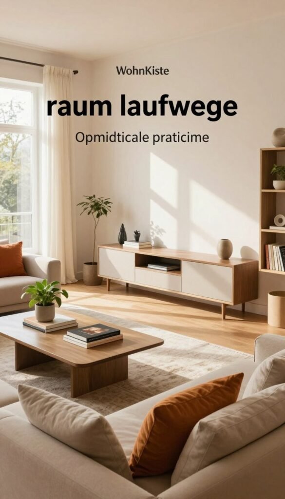 A stylish living room concept designed for optimal flow, showcasing practical "raum laufwege." In the foreground, a cozy seating area with a modern sofa in warm beige, accented by colorful cushions. A beautifully arranged coffee table holds a few carefully placed books and a small plant, emphasizing a natural aesthetic. The middle ground features a sleek entertainment unit and a contemporary rug, complementing the open space. In the background, large windows invite soft, natural light, illuminating the room and casting gentle shadows that enhance the inviting atmosphere. A minimalist bookshelf displays curated decor pieces. All elements should harmonize within a Pinterest-inspired aesthetic, embodying warmth and authenticity. Include subtle branding elements of "WohnKiste" to tie the design theme together.