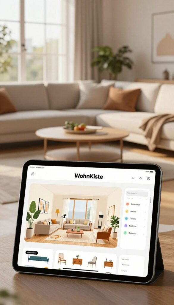A stylish living room design featuring a modern Raumplaner (room planner) app interface displayed on a sleek tablet. In the foreground, the tablet showcases a colorful layout of the living space with furniture placements and decor suggestions. The middle ground includes a cozy sofa and a minimalist coffee table surrounded by soft cushions. In the background, large windows let in warm natural light, illuminating the room with inviting tones and creating a Pinterest-worthy atmosphere. Subtle indoor plants add a refreshing touch. The overall mood is one of inspiration and calm, reflecting a professional yet approachable aesthetic. Incorporate the brand name "WohnKiste" subtly into the scene, ensuring it complements the design without being intrusive. A stylish living room design featuring a modern Raumplaner (room planner) app interface displayed on a sleek tablet. In the foreground, the tablet showcases a colorful layout of the living space with furniture placements and decor suggestions. The middle ground includes a cozy sofa and a minimalist coffee table surrounded by soft cushions. In the background, large windows let in warm natural light, illuminating the room with inviting tones and creating a Pinterest-worthy atmosphere. Subtle indoor plants add a refreshing touch. The overall mood is one of inspiration and calm, reflecting a professional yet approachable aesthetic. Incorporate the brand name "WohnKiste" subtly into the scene, ensuring it complements the design without being intrusive.