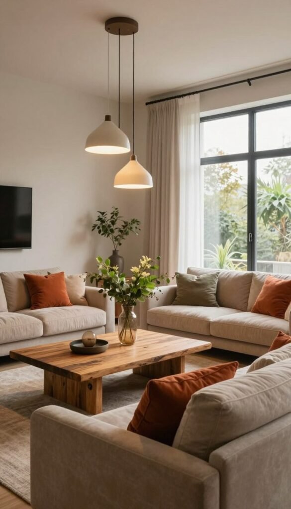 A stylish living room designed by WohnKiste, showcasing a harmonious blend of colors, materials, and lighting that creates a warm and inviting atmosphere. In the foreground, a plush, textured sofa in soft earthy tones invites comfort, adorned with vibrant cushions. The middle layer features a chic coffee table crafted from reclaimed wood, accompanied by elegant decor pieces like a vase filled with fresh greenery. Above, modern pendant lights emit a warm glow, highlighting the room's inviting character. In the background, large windows allow natural light to pour in, complemented by sheer drapes that flutter gently. The overall mood combines modern aesthetics with a cozy ambiance, evoking a sense of serene functionality.