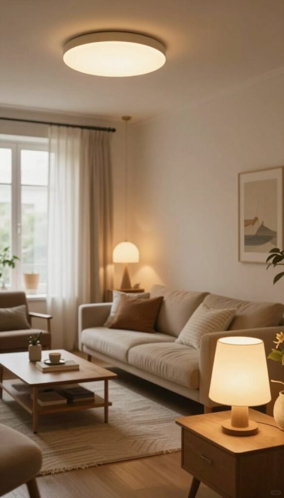 A stylish living room designed for optimal lighting, showcasing a mix of multiple light sources instead of just a single ceiling lamp. In the foreground, a chic floor lamp with a warm glow and a sleek table lamp illuminating a cozy reading nook. The middle reveals a tastefully arranged seating area with a plush sofa adorned with decorative cushions, surrounded by ambient wall sconces and pendant lights. The background features a large window allowing natural light to flood in, with sheer curtains softening the sunlight. The color palette consists of warm earthy tones, creating an inviting atmosphere. The scene embodies a modern Pinterest aesthetic, reflecting the brand "WohnKiste," focusing on authenticity and warmth without any text or overlays. The composition is captured with a soft focus lens to enhance the inviting mood.