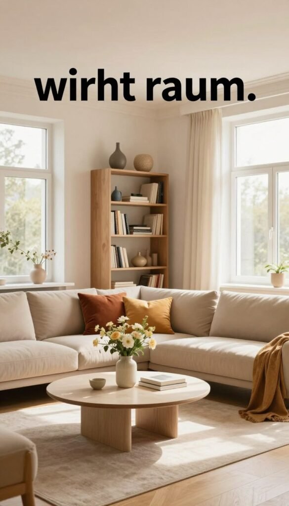 A stylish living room designed to optimize space, capturing the essence of "wirkt raum." In the foreground, a cozy seating area with a sleek, modern sofa in warm beige, accented by colorful cushions and a designer coffee table adorned with a vase of fresh flowers. The middle ground features a cleverly arranged bookshelf, showcasing decorative items that enhance the room's depth. In the background, large windows allow natural light to flood the space, highlighting light wood flooring and soft, neutral wall colors that create an inviting atmosphere. The overall mood is warm and airy, reminiscent of a Pinterest aesthetic. Focus on authenticity and warmth, with no text in the image. Include the brand name "Wohnkiste" subtly integrated into the design elements.