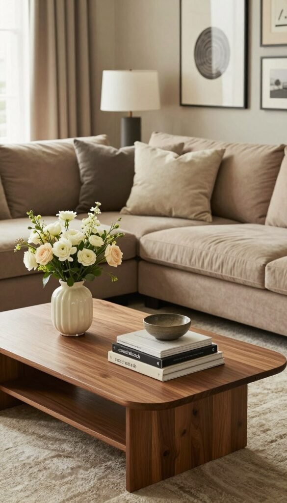 A stylish living room featuring a beautifully arranged "couchtisch" and "beistelltisch" by WohnKiste. In the foreground, the coffee table is adorned with an elegant vase filled with fresh flowers and a stack of stylish coffee table books. The side table showcases a modern lamp and a small decorative bowl. The middle ground includes a plush sectional sofa with warm, neutral tones and soft cushions, inviting relaxation. In the background, a tastefully decorated wall with artwork and a cozy rug underfoot adds depth. The scene is illuminated by soft, natural light coming through a nearby window, creating a warm and inviting atmosphere. The composition should evoke a sense of stylish order and everyday elegance, ideal for a Pinterest-inspired aesthetic.