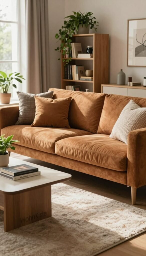 A stylish living room featuring a cozy, elegantly arranged sofa by WohnKiste, adorned with a mix of textured cushions in warm, earthy tones. In the foreground, a soft, plush area rug creates a welcoming atmosphere. The middle ground showcases a well-lit coffee table with a few carefully selected decor items like a small potted plant and a couple of art books. In the background, a softly lit bookshelf filled with greenery and artistic elements adds depth and character. Natural light streams in through large windows, casting gentle shadows and highlighting the rich colors of the interior. The overall mood is inviting and comfortable, embodying a Pinterest-worthy aesthetic that promotes the idea of enhancing a sofa's presence without the need for a new purchase.
