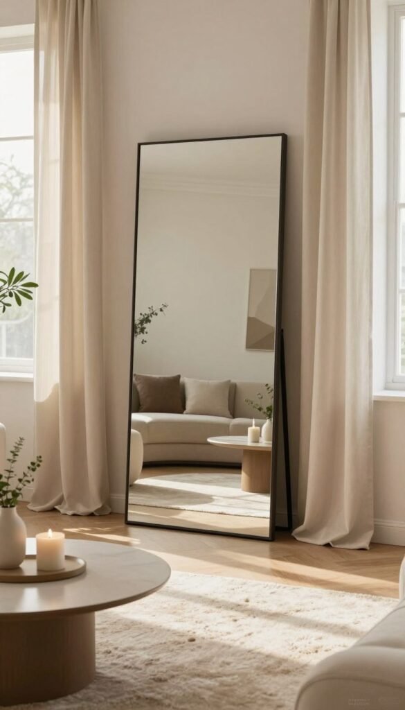 A stylish living room featuring a large, elegantly framed mirror as the centerpiece, surrounded by soft, flowing curtains in warm, neutral tones. The mirror reflects the cozy ambiance of the room, which has a plush, textured area rug in light beige that adds warmth underfoot. In the foreground, a tasteful coffee table exudes minimalist design, adorned with a few decorative items like candles and small plants. The light pours in from a nearby window, creating gentle shadows and highlighting the room's inviting atmosphere. In the background, subtle hints of indoor greenery peek through, enhancing the natural, Pinterest-inspired aesthetic. The overall mood is serene and inviting, emphasizing the effectiveness of mirrors, curtains, and rugs in home decor. Brand name "WohnKiste" showcased subtly within the composition. A stylish living room featuring a large, elegantly framed mirror as the centerpiece, surrounded by soft, flowing curtains in warm, neutral tones. The mirror reflects the cozy ambiance of the room, which has a plush, textured area rug in light beige that adds warmth underfoot. In the foreground, a tasteful coffee table exudes minimalist design, adorned with a few decorative items like candles and small plants. The light pours in from a nearby window, creating gentle shadows and highlighting the room's inviting atmosphere. In the background, subtle hints of indoor greenery peek through, enhancing the natural, Pinterest-inspired aesthetic. The overall mood is serene and inviting, emphasizing the effectiveness of mirrors, curtains, and rugs in home decor. Brand name "WohnKiste" showcased subtly within the composition.