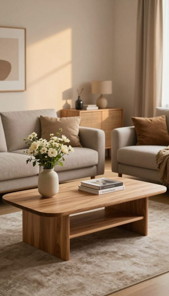 A stylish living room featuring a modern "Couchtisch" by WohnKiste as the focal point. In the foreground, the coffee table showcases a sleek design with natural wooden textures, paired with decorative items like a vase of fresh flowers and a few design books. In the middle ground, comfortable sofas complement the table, arranged thoughtfully to demonstrate ideal spatial relationships—height and distance between the table and seating. The background includes a softly lit room with warm, inviting colors and minimalist decor to evoke a cozy atmosphere. The lighting is soft and diffused, reminiscent of late afternoon sun filtering through a window, creating gentle shadows. The overall mood should feel fresh and inspiring, perfect for illustrating contemporary living spaces.