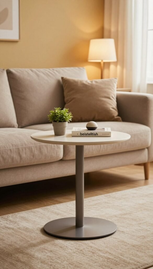 A stylish living room featuring a modern "beistelltisch" from the brand "WohnKiste". The foreground showcases an elegant side table with a clean, minimalist design, adorned with a small plant and a decorative book. In the middle area, a cozy sofa with plush cushions complements the table, inviting relaxation. The background includes warm, textured walls and soft lighting from a nearby lamp, creating a welcoming atmosphere. The scene is captured from a low angle, emphasizing the table and sofa, with natural light filtering through a window, enhancing the warm color palette. The overall mood is inviting and contemporary, perfect for illustrating smart space-saving solutions.