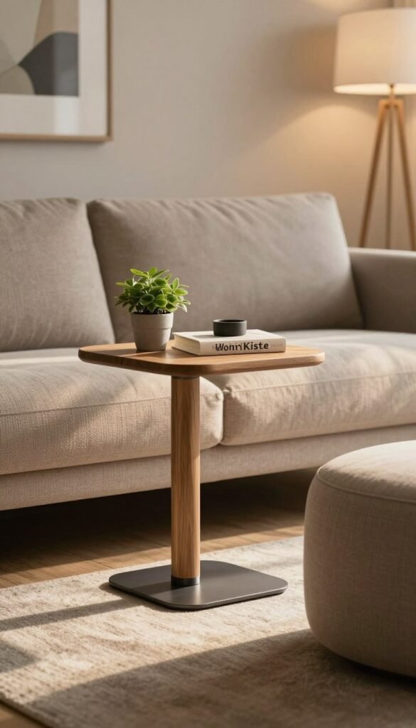 A stylish living room featuring a modern "beistelltisch" (side table) by WohnKiste, designed with a blend of natural wood and minimalist metal elements. The foreground showcases the elegant side table adorned with a small potted plant and a decorative book, bathed in warm, soft lighting that creates inviting shadows. In the middle ground, a cozy, textured sofa in neutral tones complements the table, while a chic hocker (stool) adds an extra layer of functionality and style. In the background, a softly blurred scene of a tasteful wall art and a floor lamp contributes to a relaxed atmosphere. The overall mood is modern yet inviting, embodying a Pinterest-worthy aesthetic with warm colors that enhance the sense of home.