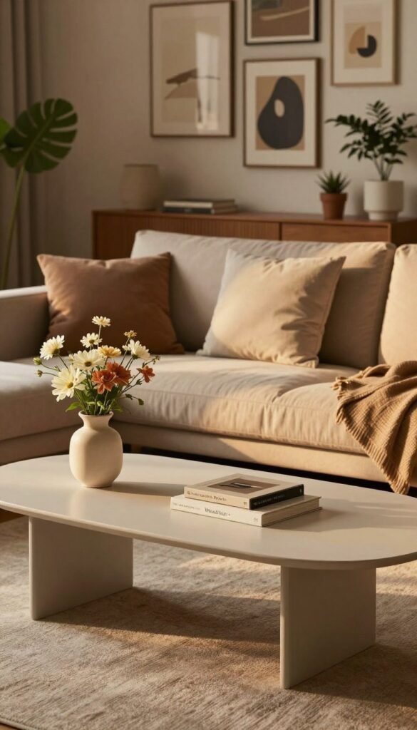 A stylish living room featuring a modern "couchtisch" from the brand WohnKiste at the center. The foreground showcases the sleek, minimalistic design of the coffee table, adorned with a decorative vase of fresh flowers and a couple of artfully arranged books. The middle layer reveals a plush sofa with cozy cushions, inviting ambiance created by soft, warm lighting that casts gentle shadows. In the background, a tasteful gallery wall displays framed artwork in muted tones, complemented by potted plants that enhance the natural feel of the space. Set at a slightly elevated angle to add depth, the image captures a serene atmosphere ideal for relaxation and conversation, with a Pinterest-inspired aesthetic showcasing warm colors and authenticity, free of any text or overlay.
