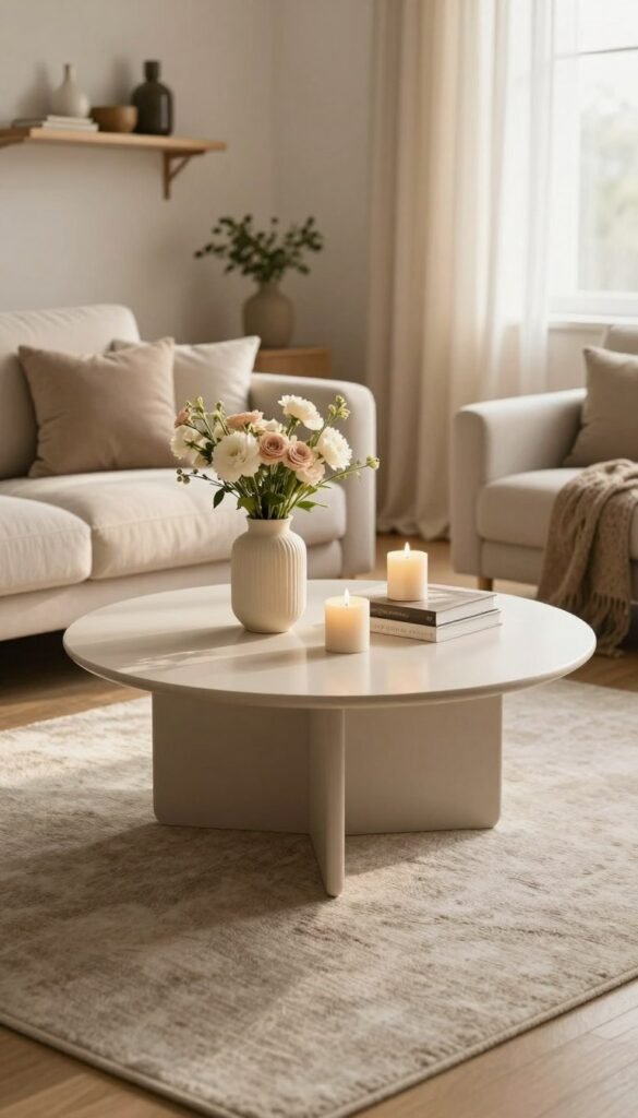 A stylish living room featuring a moderne couchtisch (coffee table) as the focal point. The table is elegantly set with minimalist decor, including a carefully arranged vase of fresh flowers, a few tasteful candles, and a couple of stacked art books. Surrounding the couchtisch, a soft textured area rug complements the warm wooden floors. In the background, a cozy sofa adorned with plush cushions and a tasteful wall shelf with select decorative items creates an inviting atmosphere. The lighting is soft and warm, reminiscent of late afternoon sunlight filtering through sheer curtains, creating a Pinterest-worthy aesthetic. Overall, depict a scene that embodies comfort and modern elegance, embodying the essence of WohnKiste. No text or watermarks in the image. A stylish living room featuring a moderne couchtisch (coffee table) as the focal point. The table is elegantly set with minimalist decor, including a carefully arranged vase of fresh flowers, a few tasteful candles, and a couple of stacked art books. Surrounding the couchtisch, a soft textured area rug complements the warm wooden floors. In the background, a cozy sofa adorned with plush cushions and a tasteful wall shelf with select decorative items creates an inviting atmosphere. The lighting is soft and warm, reminiscent of late afternoon sunlight filtering through sheer curtains, creating a Pinterest-worthy aesthetic. Overall, depict a scene that embodies comfort and modern elegance, embodying the essence of WohnKiste. No text or watermarks in the image.