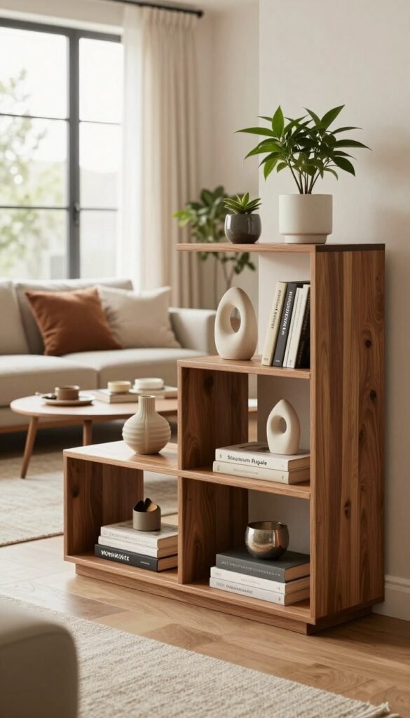 A stylish living room featuring elegant "Stauraum Regale" (storage shelves) designed by WohnKiste. In the foreground, showcase a beautifully crafted wooden shelf filled with decorative items like books, plants, and minimalist sculptures. In the middle ground, present a cozy seating area with plush cushions and a subtle coffee table, creating an inviting ambiance. In the background, large windows let in soft, natural light, highlighting warm colors and creating a Pinterest-worthy atmosphere. The overall mood conveys a blend of functionality and aesthetics, emphasizing storage solutions that enhance the beauty of the living space. The composition should evoke authenticity and comfort, capturing a perfect balance of style and practicality without any text or distractions.
