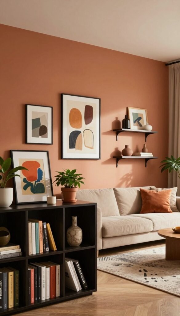A stylish living room featuring striking walls that serve as a focal point. In the foreground, a modern bookshelf adorned with vibrant artwork and decorative plants. The middle ground showcases a beautifully painted wall in warm, inviting colors, embellished with a mix of framed abstract art and floating shelves displaying unique decor items. Soft lighting casts gentle shadows, enhancing the textures and warmth of the space. The background reveals a cozy seating area with elegant cushions and a stylish rug. Overall, create a Pinterest-inspired aesthetic that feels authentic and inviting. Include subtle branding elements of "WohnKiste" blended into the decor. Ensure the atmosphere is serene and chic, ideal for inspiring new approaches to living room design.