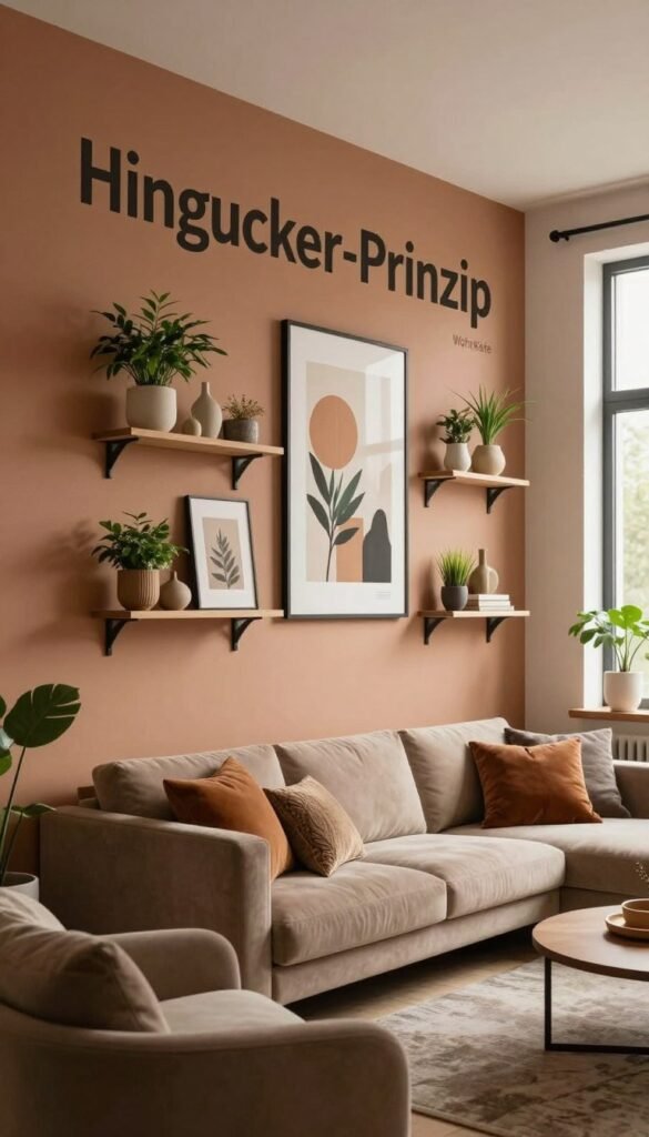 A stylish living room highlighting an innovative wall design that draws the eye, emphasizing the "Hingucker-Prinzip". In the foreground, a textured feature wall painted in warm, earthy tones showcases tasteful wall art and decorative shelves holding curated plants and accessories. The middle ground features a cozy seating arrangement with contemporary furniture, accented by plush cushions. In the background, soft natural light filters through large windows, creating an inviting atmosphere. The overall mood reflects modern sophistication, with a Pinterest-inspired aesthetic. Include the brand name "WohnKiste" subtly integrated into the decor elements, enhancing the image without any text overlays. Aim for a warm color palette and authentic style, capturing a snapshot of contemporary interior design that inspires creativity and conversation.