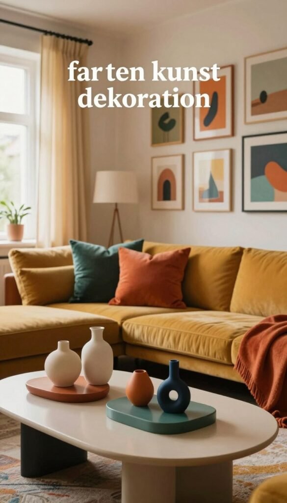 A stylish living room interior designed to showcase "farben kunst dekoration" principles, featuring a harmonious blend of vibrant colors and artistic elements. In the foreground, there are small decorative islands on a sleek coffee table, adorned with elegant vases and abstract sculptures. The middle ground showcases a cozy couch with colorful cushions, complementing a striking wall filled with various art pieces in warm tones. The background reveals a soft-lit window with sheer curtains, allowing natural light to create a warm and inviting atmosphere. Captured from a slightly elevated angle to emphasize depth and warmth, this authentic Pinterest-inspired decor reflects personality without clutter. The scene promotes a sense of tranquility and creativity, perfectly aligning with the theme of WohnKiste. A stylish living room interior designed to showcase "farben kunst dekoration" principles, featuring a harmonious blend of vibrant colors and artistic elements. In the foreground, there are small decorative islands on a sleek coffee table, adorned with elegant vases and abstract sculptures. The middle ground showcases a cozy couch with colorful cushions, complementing a striking wall filled with various art pieces in warm tones. The background reveals a soft-lit window with sheer curtains, allowing natural light to create a warm and inviting atmosphere. Captured from a slightly elevated angle to emphasize depth and warmth, this authentic Pinterest-inspired decor reflects personality without clutter. The scene promotes a sense of tranquility and creativity, perfectly aligning with the theme of WohnKiste.