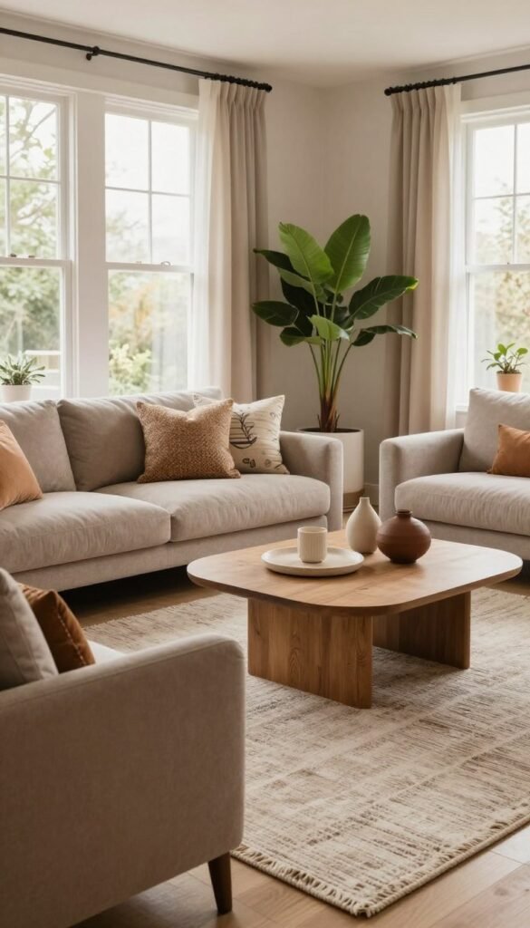 A stylish living room interior designed with a harmonious color palette, showcasing a blend of soft earth tones, warm neutrals, and subtle pops of color. In the foreground, plush furniture arranged for comfort, featuring a cozy sofa adorned with decorative cushions. In the middle ground, a chic coffee table with decorative objects and a lush green plant adds vibrancy, while a textured area rug anchors the space. The background showcases large windows allowing natural light to flood the room, creating a warm and inviting atmosphere. The overall lighting is soft and diffused, enhancing the richness of the colors. The scene reflects an authentic Pinterest aesthetic, seamlessly incorporating the brand "WohnKiste" for a stylish and functional everyday living experience.