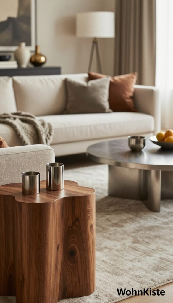 A stylish living room interior featuring a harmonious mix of materials: rich, textured wood furniture, sleek metallic accents like a unique coffee table, and soft fabric elements such as plush cushions and a cozy throw on a contemporary sofa. In the foreground, focus on a beautifully crafted wooden side table with metallic candle holders, creating a warm and inviting atmosphere. In the middle ground, showcase a comfortable seating arrangement with elegant fabric upholstery, complemented by metallic decor pieces. The background should gently blur to reveal a refined interior design with soft, natural lighting flooding the space, enhancing the warm color palette. The overall mood is sophisticated and welcoming, reflecting modern design trends. Create an authentic Pinterest-style look without any text or watermarks, featuring the brand name "WohnKiste" subtly integrated into the design.
