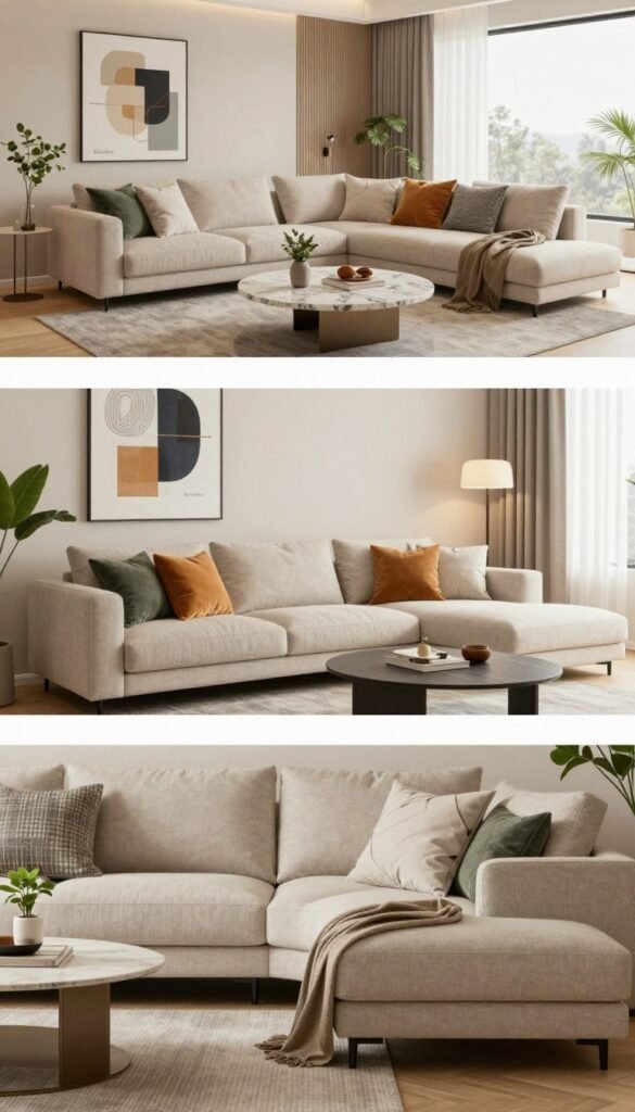 A stylish living room interior featuring three distinct sections representing low, mid, and high-budget home updates. In the foreground, a cozy low-budget corner with a simple, neutral-colored sofa, a small coffee table, and a few decorative plants. In the middle ground, a mid-budget area showcasing a modern sectional couch, vibrant cushions, and an eye-catching wall art piece. In the background, a luxurious high-budget section with an elegant designer sofa, a marble coffee table, and tasteful decor, illuminated by soft, warm lighting. The scene should evoke a harmonious atmosphere, with a Pinterest-inspired aesthetic, emphasizing natural tones and textures. The brand logo "WohnKiste" can subtly blend into the decor elements without being overtly highlighted. The image should capture a fresh, inviting mood that appeals to various budgets.