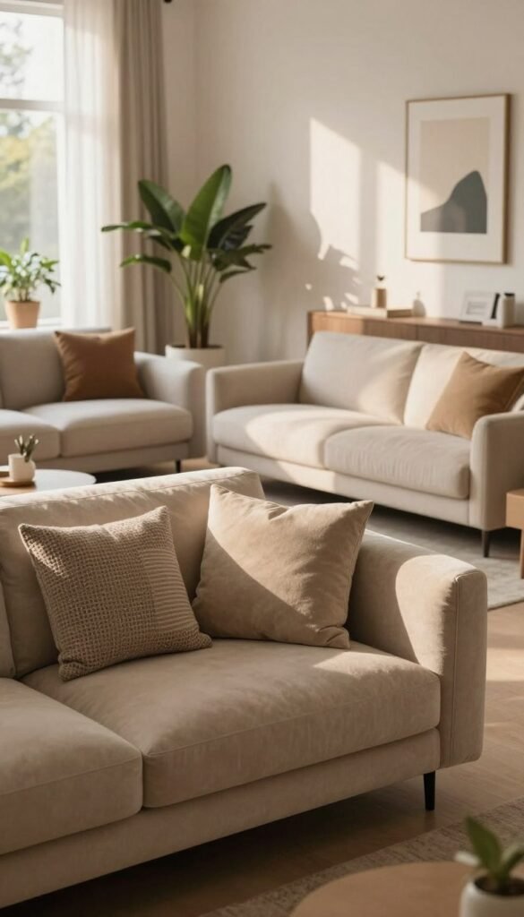 A stylish living room interior showcasing a selection of sofas from WohnKiste, highlighting their unique designs and textures. In the foreground, a plush, modern sofa with soft, warm upholstery and decorative cushions invites comfort. In the middle ground, additional sofas feature different styles, such as a minimalist Scandinavian design and a cozy, oversized sectional, set against a neutral backdrop. The background reveals soft, natural lighting streaming in through large windows, casting a warm glow and enhancing the inviting atmosphere. The decor includes potted plants and tasteful artwork on the walls, creating a tranquil, Pinterest-inspired ambiance. The overall mood is welcoming and elegant, ideal for illustrating the selection of the perfect sofa for comfort and style.