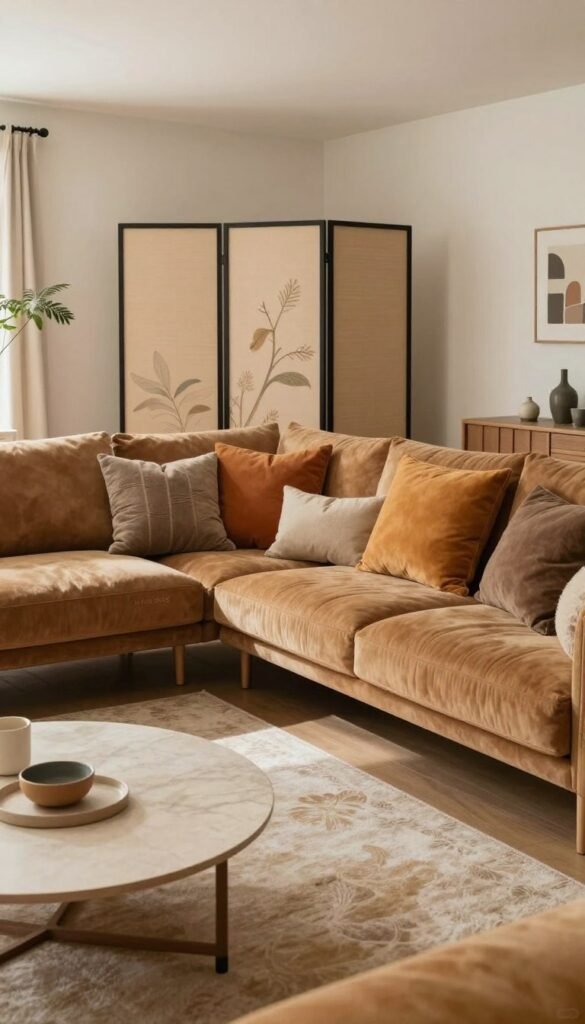A stylish living room layout featuring a cozy sofa as the centerpiece. The foreground showcases plush cushions in warm, inviting colors, arranged comfortably on the sofa. In the middle, create clear pathways between furniture, emphasizing open space and flow, with a tasteful coffee table in front and an elegant rug beneath. Incorporate a stylish room divider in the background, subtly partitioning the space while enhancing the aesthetic. Use soft, natural lighting to create a warm and inviting atmosphere, reminiscent of a Pinterest-inspired decor. The image should reflect a modern yet welcoming design, emphasizing functional furniture arrangement. Include the brand name "WohnKiste" discreetly in the design elements, ensuring an authentic and refined look without any text overlays or distractions. Aim for a clean and balanced composition that captures innovative living room ideas.