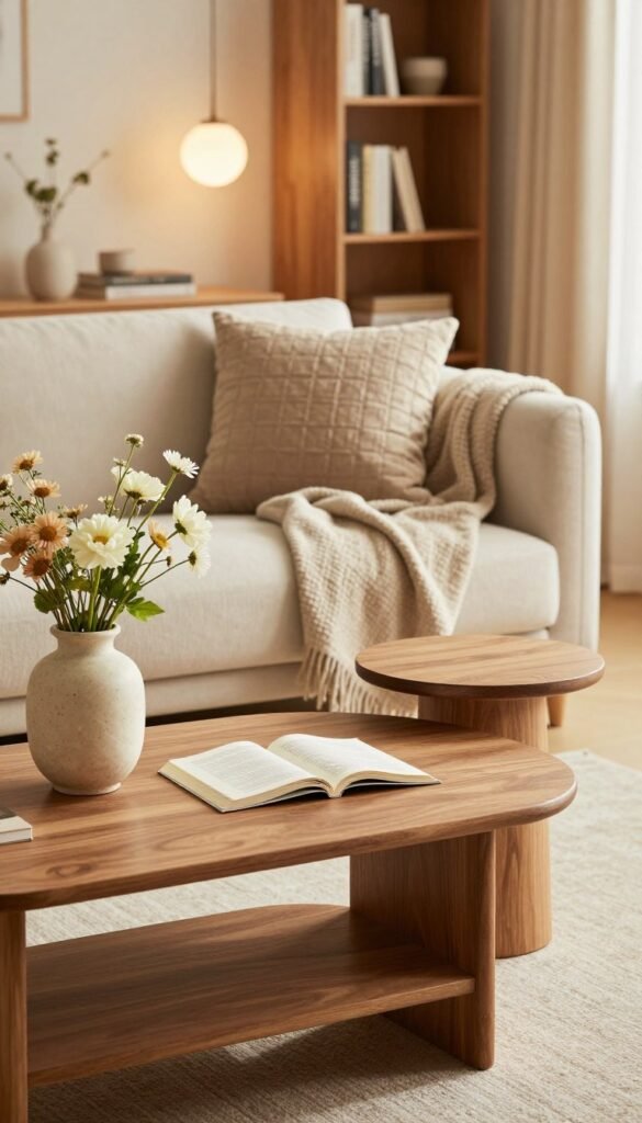 A stylish living room scene featuring a cozy coffee table and side table, both designed by WohnKiste. In the foreground, the coffee table is adorned with a decorative vase of fresh flowers and an open book, all bathed in warm, natural light. In the middle ground, a plush, inviting sofa with textured cushions and a soft throw blanket invites relaxation. The background reveals a tastefully arranged bookshelf and soft pendant lighting, creating a harmonious atmosphere. The scene captures a Pinterest-worthy aesthetic, showcasing authentic elements with a contemporary flair, reflecting the importance of small furniture pieces in maintaining order and style in a living space. Aim for a warm, inviting ambiance with a focus on natural colors and textures. A stylish living room scene featuring a cozy coffee table and side table, both designed by WohnKiste. In the foreground, the coffee table is adorned with a decorative vase of fresh flowers and an open book, all bathed in warm, natural light. In the middle ground, a plush, inviting sofa with textured cushions and a soft throw blanket invites relaxation. The background reveals a tastefully arranged bookshelf and soft pendant lighting, creating a harmonious atmosphere. The scene captures a Pinterest-worthy aesthetic, showcasing authentic elements with a contemporary flair, reflecting the importance of small furniture pieces in maintaining order and style in a living space. Aim for a warm, inviting ambiance with a focus on natural colors and textures.