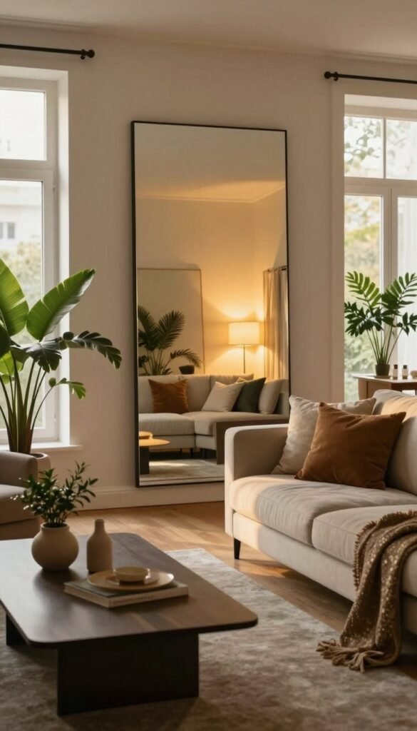 A stylish living room scene featuring an elegant mirror reflecting warm, ambient light for a spacious effect. In the foreground, a sleek coffee table with decorative items, accompanied by lush green plants. The middle of the room showcases a tasteful couch adorned with cozy cushions, creating a welcoming atmosphere. In the background, large windows allow natural light to fill the space, enhancing the reflections in the mirror. Utilize soft, natural lighting from golden hour to evoke a cozy, inviting mood, with a focus on harmonious colors in a Pinterest-worthy aesthetic. Ensure the design reflects the brand WohnKiste, emphasizing modern simplicity and warmth. The image should be devoid of any text, watermarks, or signatures.