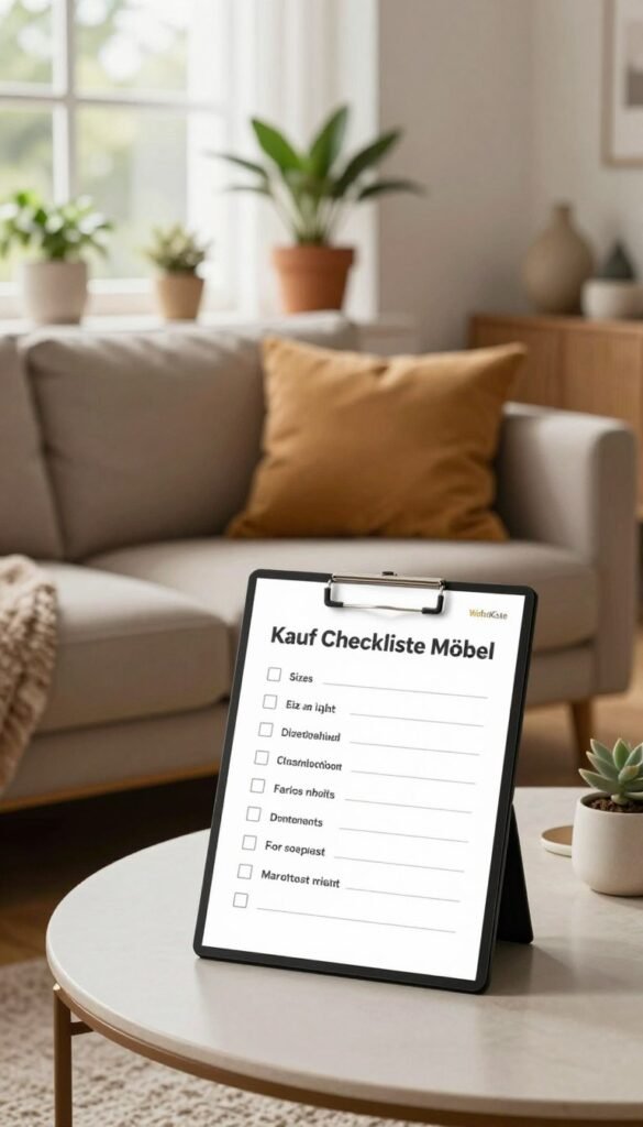 A stylish living room scene that showcases a furniture buying checklist with a visually appealing and organized layout. In the foreground, a well-arranged checklist titled "Kauf Checkliste Möbel" is set on a sleek coffee table, featuring essential points like size, material, functionality, and everyday usability. The middle ground captures a cozy sofa with warm, inviting colors and textures. In the background, soft natural light filters through large windows, illuminating potted plants and tasteful decor. The atmosphere is calm and inviting, evoking a Pinterest-worthy aesthetic. There is a brand logo "WohnKiste" subtly integrated into the design elements. The overall mood is harmonious and suitable for a contemporary living space, appealing to anyone looking to create a cohesive living environment.
