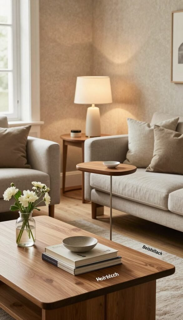 A stylish living room setting featuring a modern "Couchtisch" and "Beistelltisch" designed by WohnKiste. The foreground showcases a sleek wooden coffee table adorned with a small vase of fresh flowers, a stack of elegantly designed books, and a minimalist decorative bowl. Beside it, a chic side table complements the decor, displaying a thoughtfully placed lamp that casts a warm glow. In the middle, a plush, neutral-toned sofa surrounded by cozy cushions invites relaxation. The background features soft, textured wallpaper in warm tones, enhancing the inviting atmosphere. Natural light streams in from a nearby window, creating a serene ambiance. The scene is styled for a Pinterest aesthetic, balancing practicality and elegance, embodying a clutter-free, visually harmonious living space.