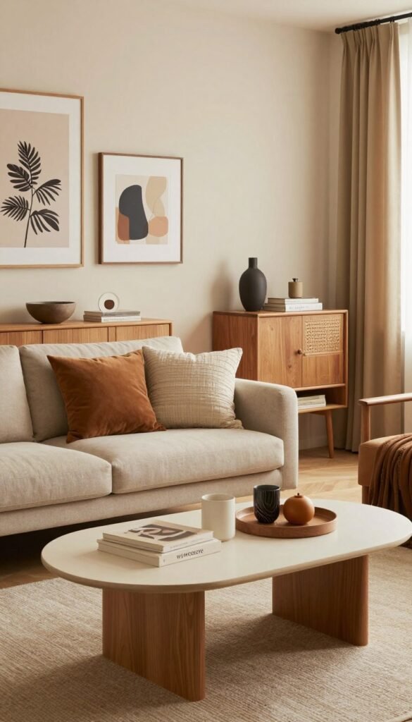 A stylish living room showcasing budget-friendly ideas, presented in a warm, inviting atmosphere reminiscent of Pinterest aesthetics. In the foreground, a chic coffee table styled with decorative items and budget-conscious decor solutions from WohnKiste. The middle ground features a cozy seating arrangement with a mix of low and high-end furniture pieces, elegantly displayed. The background reveals a tastefully decorated wall with art that balances affordability and style, all bathed in soft, natural lighting to enhance the warmth of the colors. The image captures a harmonious blend of budget-conscious choices, inviting viewers to envision a beautiful living space without compromise.