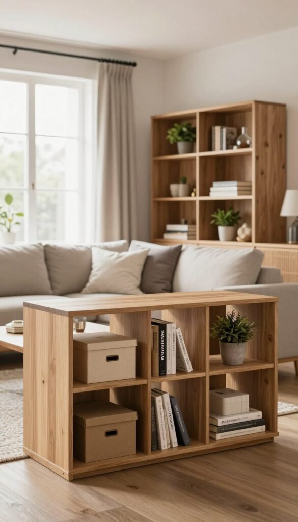 A stylish living room showcasing elegant storage solutions designed by WohnKiste. In the foreground, a meticulously arranged open shelving unit made of light wood, filled with decorative boxes, books, and potted plants, emphasizing function and aesthetic appeal. The middle section features a cozy seating area with soft, neutral-toned furniture, inviting cushions, and a textured rug that harmonizes with the warm color palette. In the background, a large window allows soft, natural light to flood the space, enhancing the inviting atmosphere. The overall mood is warm, inviting, and stylish, perfect for illustrating the importance of creating storage without cluttering the room.
