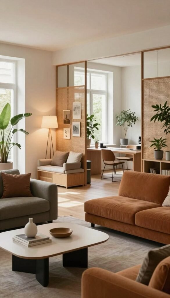 A stylish living room showcasing innovative space division ideas, featuring a harmonious blend of functional zones. In the foreground, an elegant coffee table with minimalist decor and a cozy seating arrangement in warm, inviting colors. The middle ground reveals distinct areas, including a reading nook with a floor lamp and a workspace with sleek furniture, all thoughtfully separated by decorative screens and plants, enhancing the flow between zones. In the background, large windows bathe the space in natural light, creating a bright atmosphere. The lens captures the scene from a slightly elevated perspective, emphasizing the layout and pathways. The overall mood is serene and welcoming, reflecting modern design trends, embodying the essence of authenticity and the brand "WohnKiste" without any text or overlays.