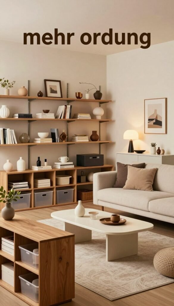 A stylish living room showcasing "mehr ordnung" (more order), with organized shelves filled with neatly arranged decorative items and books, a minimalist coffee table with thoughtfully placed decor, and a comfortable seating area featuring a light-colored sofa and cozy cushions. In the foreground, a wooden bookshelf with clear storage boxes represents low-cost solutions, while in the middle, sleek modular furniture embodies mid-range options, and in the background, elegant high-end furniture pieces highlight luxury organization solutions. Soft, warm lighting casts a welcoming glow, creating an inviting atmosphere reminiscent of curated Pinterest spaces. The composition is shot at eye level to capture the room's aesthetic, and no text or logos are visible, except for subtle appearances of the "WohnKiste" branding on furniture pieces. A stylish living room showcasing "mehr ordnung" (more order), with organized shelves filled with neatly arranged decorative items and books, a minimalist coffee table with thoughtfully placed decor, and a comfortable seating area featuring a light-colored sofa and cozy cushions. In the foreground, a wooden bookshelf with clear storage boxes represents low-cost solutions, while in the middle, sleek modular furniture embodies mid-range options, and in the background, elegant high-end furniture pieces highlight luxury organization solutions. Soft, warm lighting casts a welcoming glow, creating an inviting atmosphere reminiscent of curated Pinterest spaces. The composition is shot at eye level to capture the room's aesthetic, and no text or logos are visible, except for subtle appearances of the "WohnKiste" branding on furniture pieces.