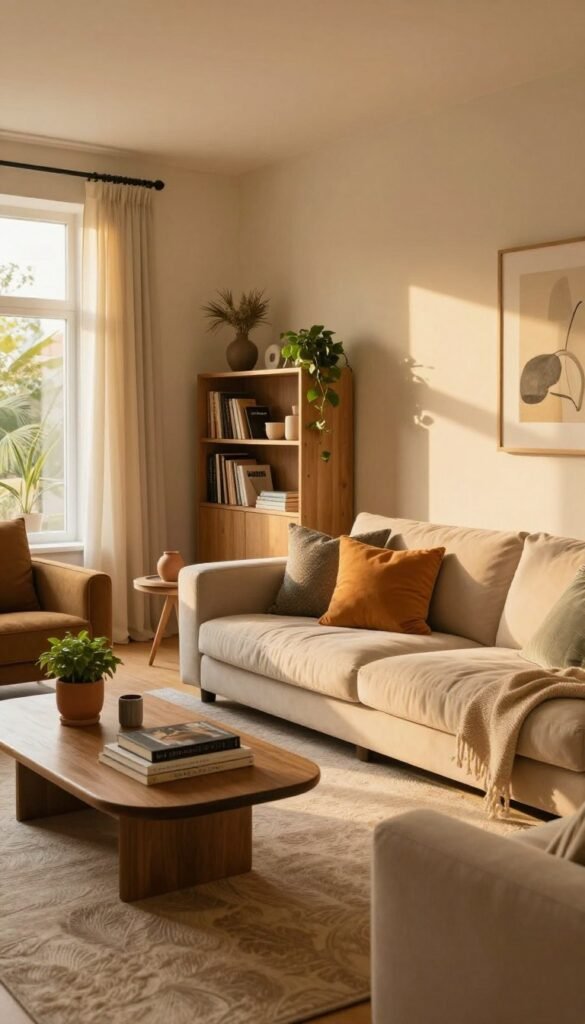 A stylish living room with a warm, inviting atmosphere, showcasing a blend of natural elements and modern decor. In the foreground, a plush beige sofa adorned with colorful cushions invites relaxation, while a stylish coffee table displays elegant books and a small potted plant. In the middle ground, a minimalist bookshelf filled with tasteful decorations and some greenery enhances the aesthetic. The background features a large window allowing soft, golden sunlight to stream in, casting gentle shadows across the room. The walls are painted in warm tones, creating a cozy ambiance. Use a wide-angle lens to capture the spaciousness of the room, emphasizing the comfort and stylish harmony of the setting. The overall mood is serene and welcoming, perfect for a chic, Pinterest-inspired living space. Include the brand name "WohnKiste" subtly integrated into the decor.