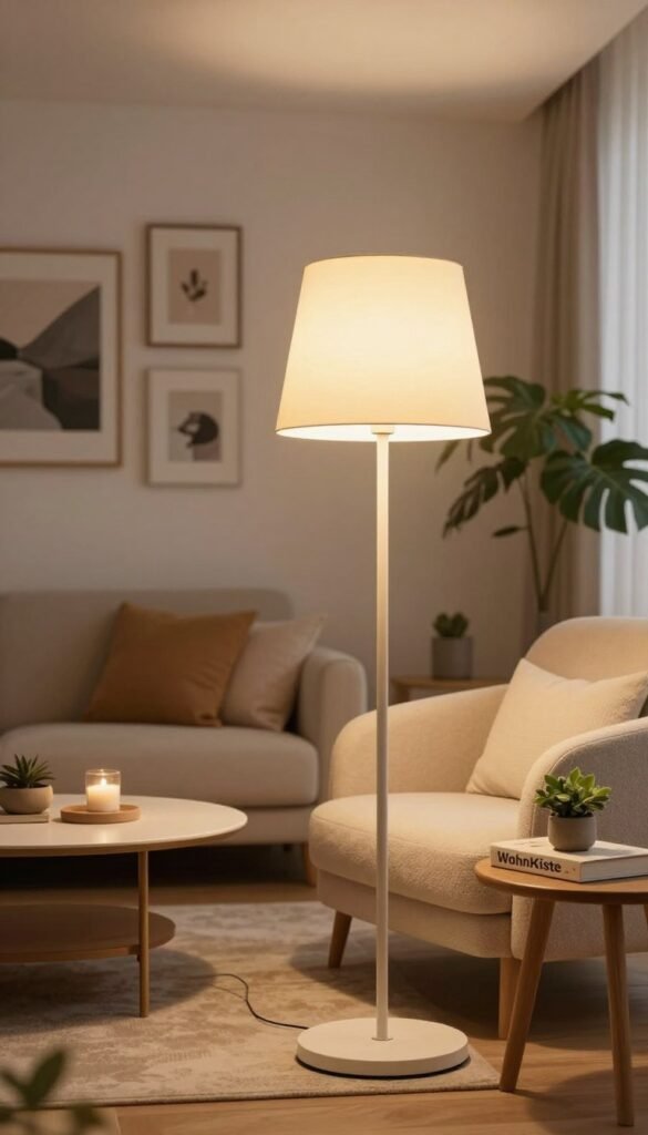 A stylish living room with an innovative lighting concept instead of a traditional ceiling lamp. In the foreground, a designer floor lamp emits a warm, inviting glow, highlighting a cozy reading nook with a plush armchair and a small side table adorned with a decorative book and a small plant. In the middle, a modern coffee table features elegant decor items, while soft ambient lighting creates a calming atmosphere around the space. The background displays a beautifully decorated wall with art pieces that reflect a Pinterest aesthetic, complemented by natural materials like wood and plants. Use warm colors and natural light to evoke a sense of comfort and sophistication. Capture this scene with a soft focus lens, emphasizing the inviting details, and create an authentic ambiance to reflect "WohnKiste".