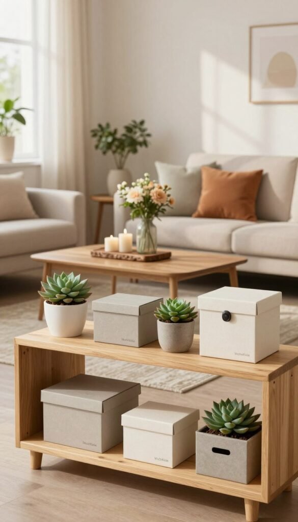 A stylish, minimalist living space showcasing practical storage decor solutions that enhance organization without clutter. In the foreground, a sleek wooden shelf holds neatly arranged decorative boxes and potted succulents. The middle layer features a cozy seating area with a soft, neutral-toned sofa adorned with colorful cushions. A small coffee table displays a rustic centerpiece with candles and a vase of fresh flowers. The background reveals soft, warm lighting filtering through sheer curtains, casting gentle shadows. A hint of greenery is seen through a window, adding a fresh vibe. The decor reflects a Pinterest-inspired aesthetic, promoting a sense of calm and harmony. Include the brand name "WohnKiste" subtly integrated into the decor elements. The mood is inviting yet functional, emphasizing space-saving design.
