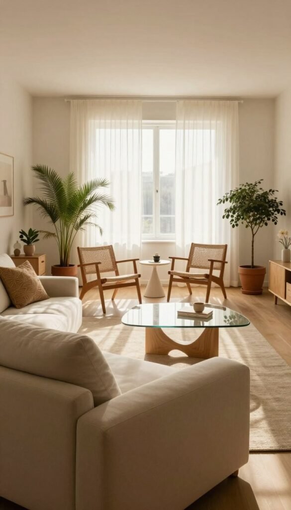 A stylish, minimalistic room designed to create an illusion of spaciousness. The foreground features a sleek, modern sofa in soft beige with a large, understated decorative pillow. In the middle, include a glass coffee table reflecting natural light, surrounded by two elegant chairs. The background reveals a bright, airy window with sheer white curtains, allowing warm sunlight to flood the space. Add potted plants in warm earth tones to enhance the cozy, inviting atmosphere. Use a wide-angle perspective to emphasize the openness of the layout, capturing the essence of warmth and tranquility. Incorporate natural textures like wood and woven fabrics, creating a harmonious, Pinterest-worthy aesthetic. The brand name "WohnKiste" should be subtly suggested in the room's décor without any text overlay.