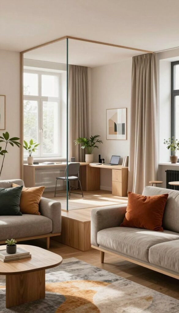 A stylish, modern apartment interior showcasing innovative zoning without walls. The foreground features a cozy seating area with plush sofas and colorful cushions, strategically placed rugs, and light wooden furniture, radiating warmth. The middle layer includes translucent glass dividers that separate different functional spaces, such as a home office with a sleek desk and greenery, complemented by soft textiles like curtains that add texture and warmth. The background reveals a bright, airy atmosphere with large windows allowing natural light to flood in, casting gentle shadows. The overall mood is inviting and harmonious, emphasizing the concept of functional living. The image should reflect a Pinterest-inspired aesthetic, highlighting the brand "WohnKiste" through design elements that suggest a curated, stylish home environment.