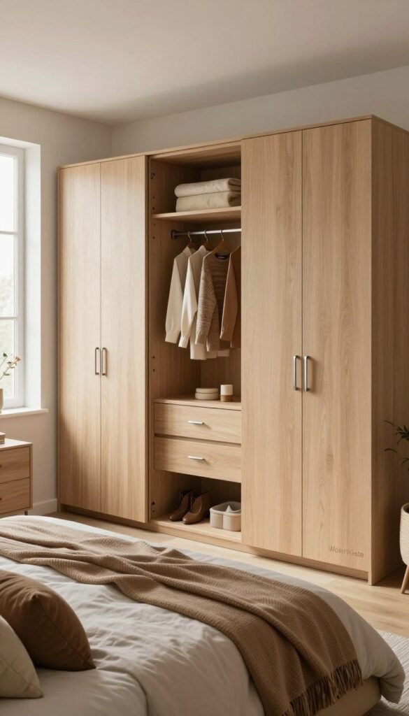 A stylish, modern bedroom featuring a spacious, cleverly designed "kleiderschrank" (wardrobe) that maximizes storage without taking up much floor space. The wardrobe is sleek, made of light wood with delicate silver handles, complemented by a soft, natural color palette. In the foreground, a cozy bed dressed in warm, earthy tones and plush pillows invites relaxation. The middle ground showcases the clever wardrobe design, with open sections displaying neatly arranged clothes and accessories. In the background, a softly lit window allows warm, natural light to flood the space, enhancing the inviting atmosphere. The scene evokes a Pinterest-worthy aesthetic, emphasizing authenticity and elegance, with the brand name "WohnKiste" subtly incorporated into the wardrobe design.