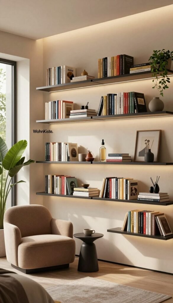A stylish, modern bedroom showcasing a series of wall-mounted bookshelves filled with an array of colorful books and decorative items. The foreground features a cozy reading nook with a plush armchair and a small side table. In the middle, the wall is adorned with sleek, minimalist shelving from the brand "WohnKiste," highlighting efficient use of vertical space. The background includes softly lit ambient lighting creating a warm, inviting atmosphere, with natural light streaming in through a nearby window. The color palette consists of warm, earthy tones, complemented by green plants that add a touch of freshness. The overall mood is serene and inspiring, ideal for a contemporary bedroom design.