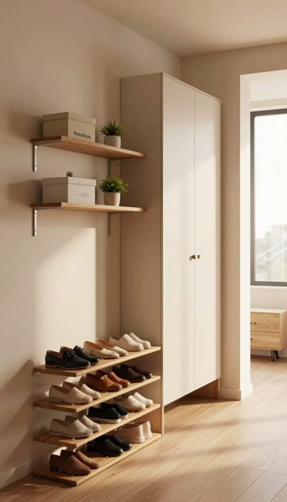 A stylish modern hallway featuring a beautifully organized storage system that is both functional and aesthetically pleasing. In the foreground, a sleek shoe rack made of natural wood showcases neatly arranged shoes, while on the wall, floating shelves hold decorative boxes and small plants. The middle ground highlights a tall cabinet with a minimalist design, optimized for maximum storage without feeling bulky. The background is softly lit, creating a warm, inviting atmosphere with soft golden light streaming through a nearby window. The entire scene embodies an authentic Pinterest-inspired look, focusing on the idea of decluttering and practical organization. Include subtle branding elements of "WohnKiste" on the storage units, emphasizing a sense of modern living combined with style. The mood is serene, balanced, and inspiring.