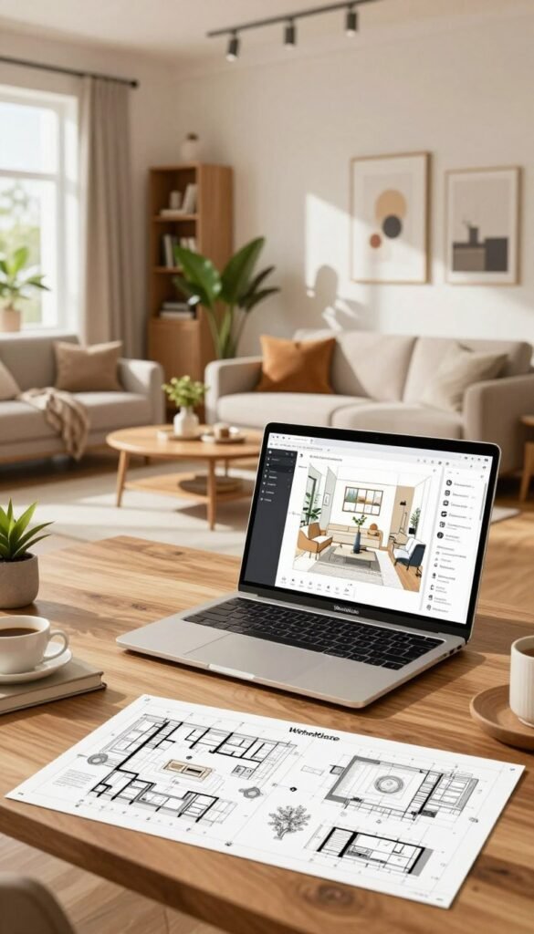 A stylish, modern interior showcasing a 3D room planner in action, prominently featuring a sleek laptop on a chic wooden desk with the WohnKiste brand visible on the screen. In the foreground, realistic digital blueprints and furniture arrangements are displayed. In the middle, a well-lit, inviting living space with a cozy sofa, elegant coffee table, and vibrant indoor plants creates a warm atmosphere. Soft, natural lighting filters through large windows, casting gentle shadows that enhance the depth. In the background, a tastefully arranged bookshelf and decorative wall art contribute to a Pinterest-worthy aesthetic. The mood is creative and inspiring, encouraging viewers to envision their own spaces with the help of modern technology.