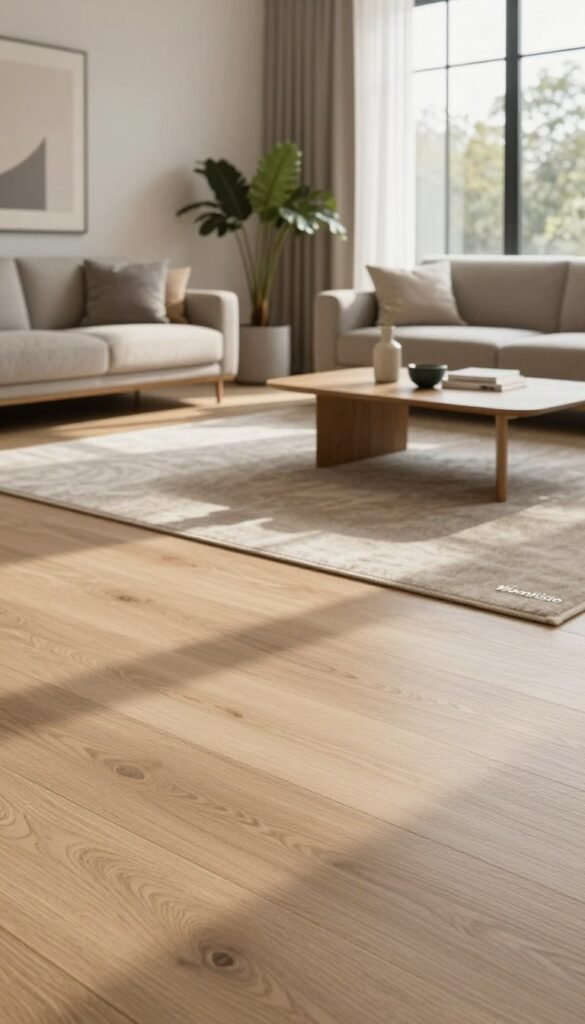 A stylish, modern interior showcasing a variety of contemporary flooring options. In the foreground, a sleek oak wood panel flooring contrasts with a plush textured rug. In the middle ground, a chic living space features a muted color palette, including warm beige and soft greys, accented by decorative plants and minimalist furniture. The background highlights large windows that let in natural light, casting warm shadows that enhance the coziness of the room. The atmosphere is inviting and sophisticated, embodying a Pinterest-worthy aesthetic. Use a soft focus to emphasize the warmth and authenticity of the scene without any text or logos. Include the name "WohnKiste" subtly integrated into the floor design or furniture.