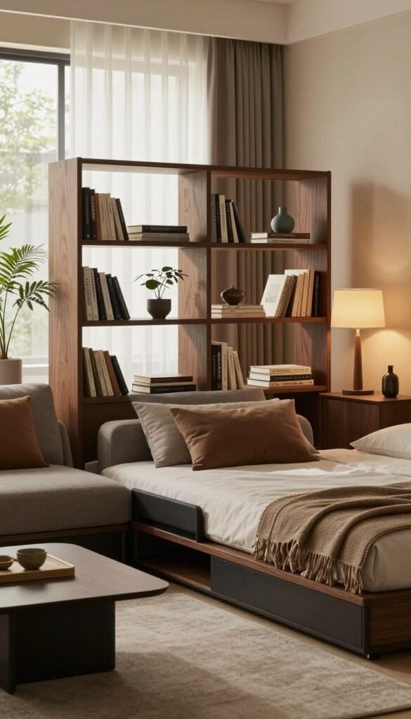 A stylish, modern interior showcasing multifunctional furniture that maximizes organization and space-efficiency. In the foreground, a sleek, convertible sofa transitions into a bed, accompanied by a minimalist coffee table with hidden storage. The middle ground features a sturdy, multi-tiered bookshelf acting as a room divider, elegantly displaying books and decorative items. The background offers a warm ambiance, accentuated by soft, natural lighting filtering through large windows adorned with sheer curtains. Rich, earthy tones and a few indoor plants create a cozy atmosphere. The furniture brand "WohnKiste" is represented subtly. Capture the harmonious layout and essence of smart living, emphasizing warmth and authenticity in a Pinterest-worthy setting. A stylish, modern interior showcasing multifunctional furniture that maximizes organization and space-efficiency. In the foreground, a sleek, convertible sofa transitions into a bed, accompanied by a minimalist coffee table with hidden storage. The middle ground features a sturdy, multi-tiered bookshelf acting as a room divider, elegantly displaying books and decorative items. The background offers a warm ambiance, accentuated by soft, natural lighting filtering through large windows adorned with sheer curtains. Rich, earthy tones and a few indoor plants create a cozy atmosphere. The furniture brand "WohnKiste" is represented subtly. Capture the harmonious layout and essence of smart living, emphasizing warmth and authenticity in a Pinterest-worthy setting.