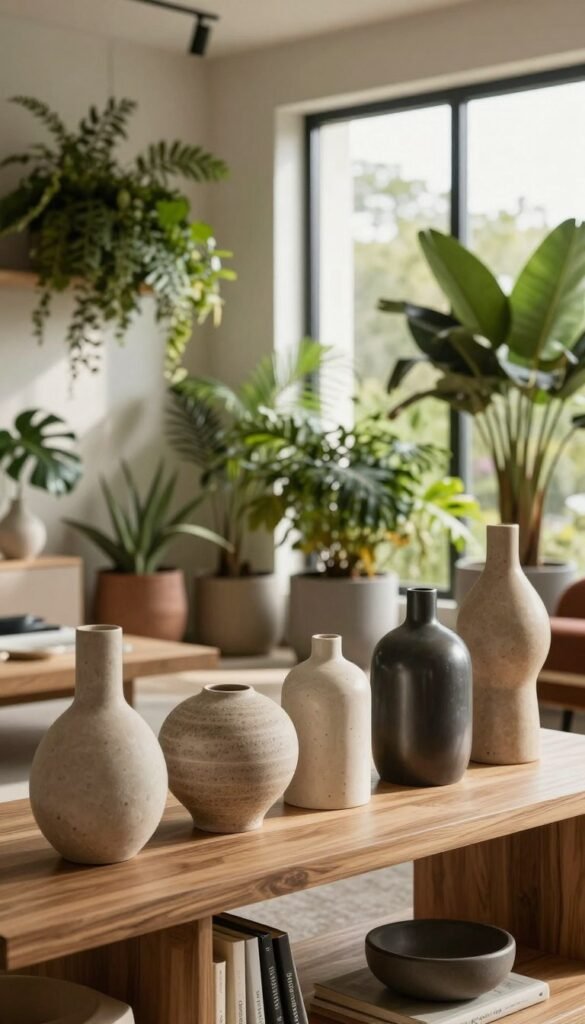A stylish, modern interior showcasing sculptural objects and decorative items by WohnKiste. In the foreground, a variety of elegant sculptures made of ceramic and metal, each with unique textures and forms, subtly arranged on a sleek wooden shelf. The middle ground features lush greenery in contemporary planters, creating a vibrant yet calming atmosphere. In the background, soft natural light filters through a large window, casting gentle shadows that enhance the warmth of the space. The overall color palette consists of earthy tones and warm hues, giving the scene a cozy, inviting feel, ideal for a Pinterest-inspired decor setting. The composition should evoke a sense of intentional decoration, focusing on aesthetic appeal without clutter.