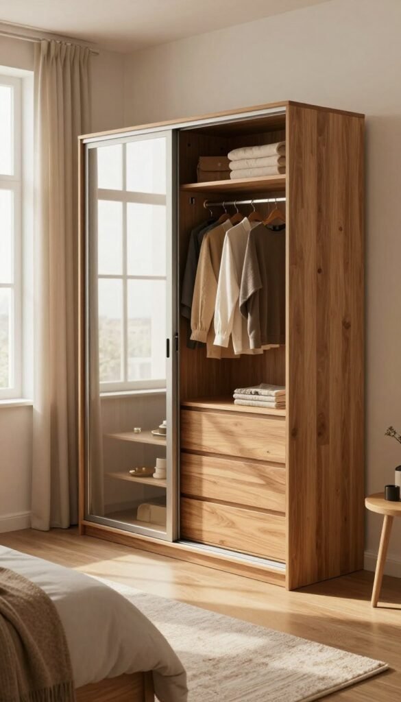 A stylish, modern kleiderschrank (wardrobe) designed for small bedrooms, featuring sleek sliding doors and a minimalist aesthetic, set in a cozy, well-lit room. The wardrobe is crafted with natural wood tones, showcasing an organized interior with clothing neatly hung and shelves stocked with accessories. In the foreground, there is a soft, inviting area rug that complements warm color palettes of the space. The middle ground includes the wardrobe and an elegant full-length mirror reflecting its polished finish. In the background, window light creates a warm atmosphere, casting soft shadows and highlighting the textures. The overall mood is serene and inviting, illustrating functional design. The image embodies a Pinterest-inspired aesthetic, enhancing the concept of clever storage solutions while showcasing the brand "WohnKiste".