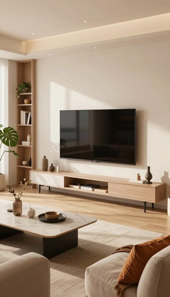 A stylish, modern living room designed for optimal TV integration, featuring a sleek, wall-mounted flat-screen television seamlessly blended into a minimalist entertainment center. The foreground showcases a contemporary coffee table adorned with decorative items, while a comfortable, chic sofa with warm-colored cushions enhances the inviting atmosphere. In the middle ground, soft natural lighting filters through large windows, illuminating the space and creating a cozy ambiance. The background features a carefully arranged bookshelf, with plants to add a touch of greenery, all reflecting a harmonious Pinterest-inspired aesthetic. The overall mood is warm and inviting, promoting a sense of functionality and elegance. The brand name "WohnKiste" subtly integrated into the decor, enhancing the sophisticated look without overwhelming the design. A stylish, modern living room designed for optimal TV integration, featuring a sleek, wall-mounted flat-screen television seamlessly blended into a minimalist entertainment center. The foreground showcases a contemporary coffee table adorned with decorative items, while a comfortable, chic sofa with warm-colored cushions enhances the inviting atmosphere. In the middle ground, soft natural lighting filters through large windows, illuminating the space and creating a cozy ambiance. The background features a carefully arranged bookshelf, with plants to add a touch of greenery, all reflecting a harmonious Pinterest-inspired aesthetic. The overall mood is warm and inviting, promoting a sense of functionality and elegance. The brand name "WohnKiste" subtly integrated into the decor, enhancing the sophisticated look without overwhelming the design.